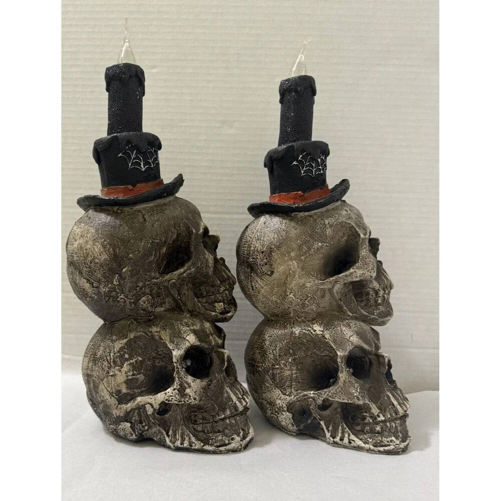 Pair Of Stacked Skull Red Eyes Candles Gothic Decor Resin 13” Old Time Pottery